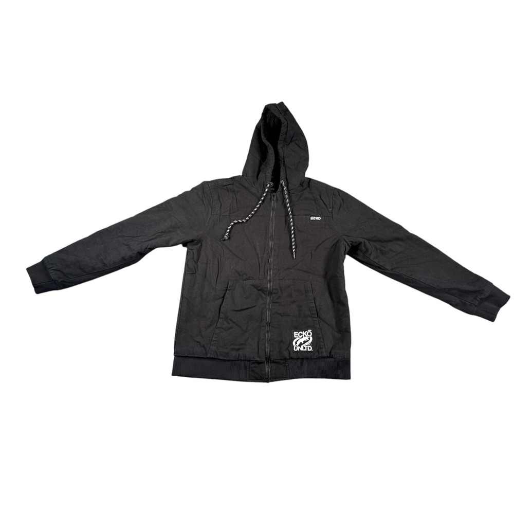 Echo Unlimited Jacket Mens Medium Black Sherpa Lined Full‎ Zip Hooded Logo